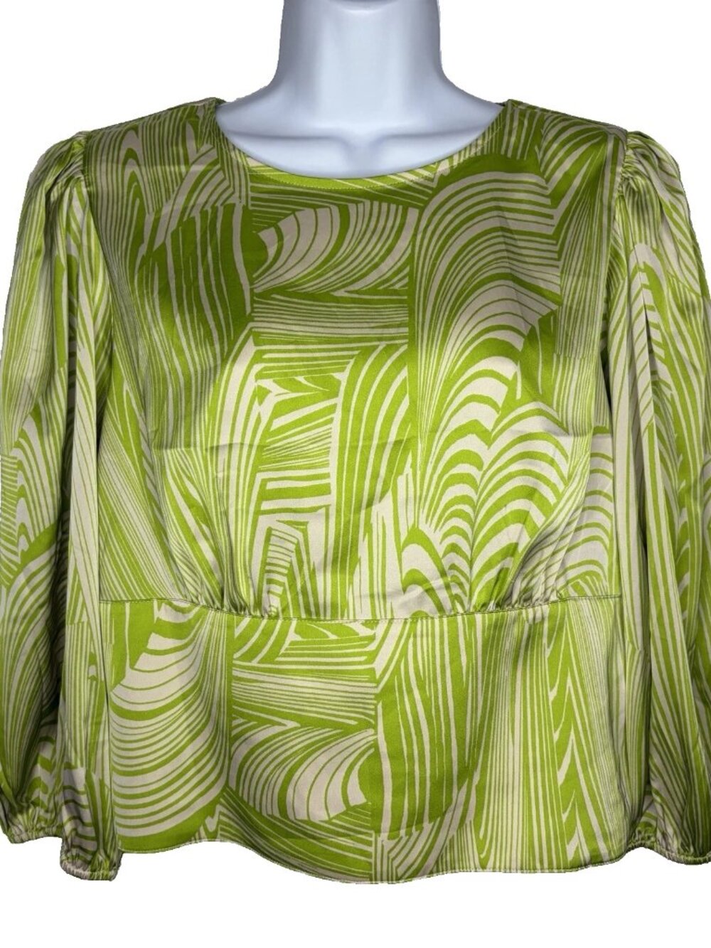Express Crop Top Satin Blouse Size L Lime Green Cream Balloon Sleeve Back Cutout